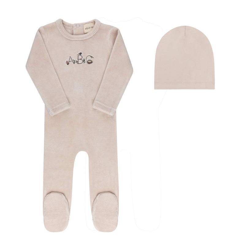 Velour Embroidered ABC Footie & Beanie - Tan