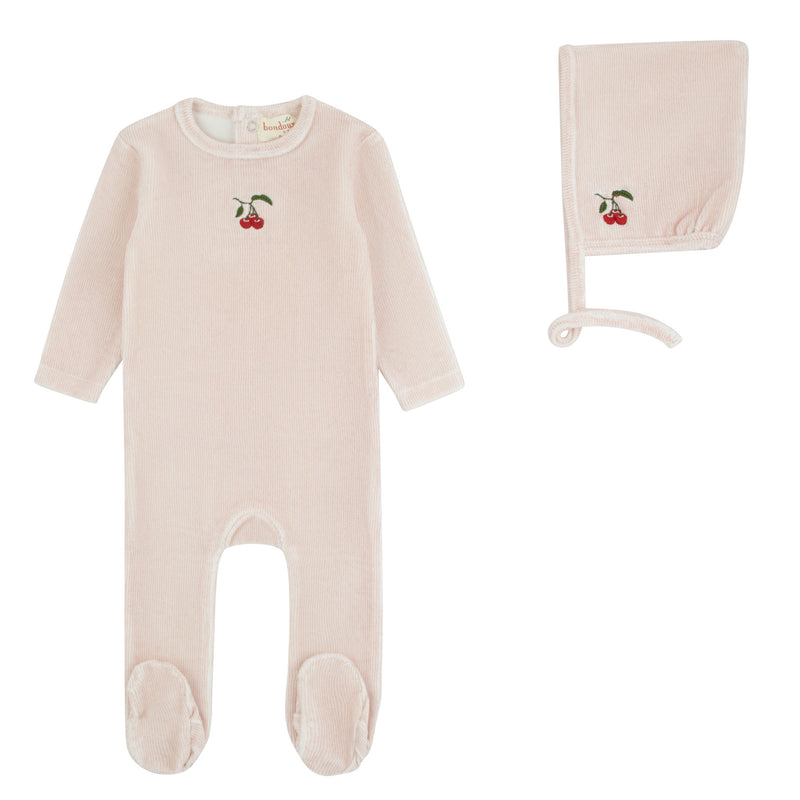 Pre-Order Striped Embroidered Cherry Footie & Bonnet - Lilac