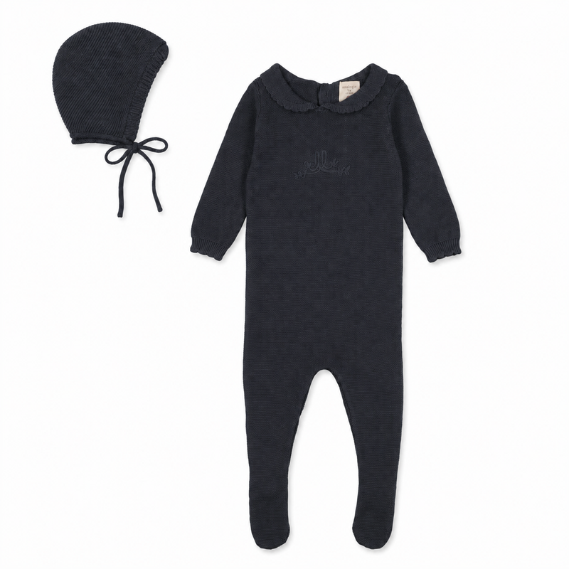 Pre-Order Knit Embroidered Footie Set - Navy