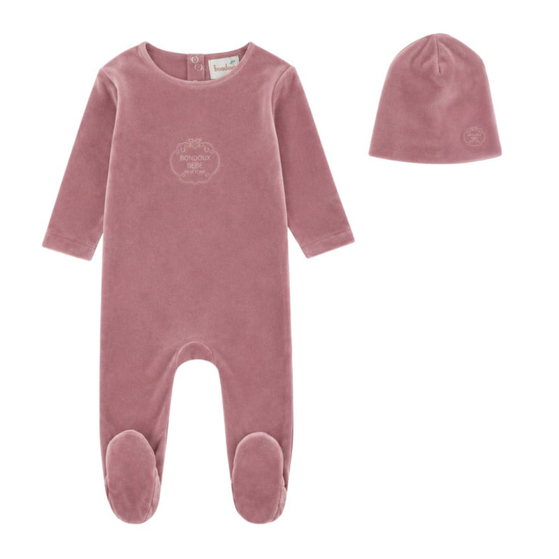 Velour Embossed Footie & Beanie - Mauve