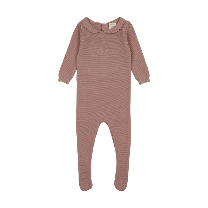 Knit Embroidered Footie - Dried Rose