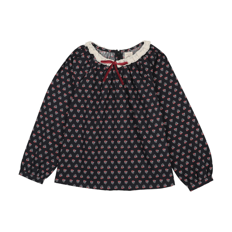 Pre-Order Home Garden Lace Trim Collared Blouse - Navy Print