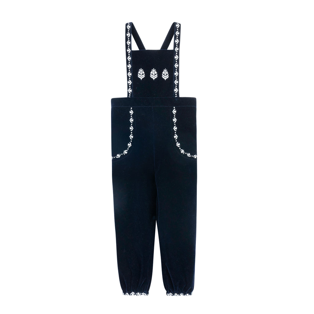 Velour Embroidered Trim Overalls- Navy