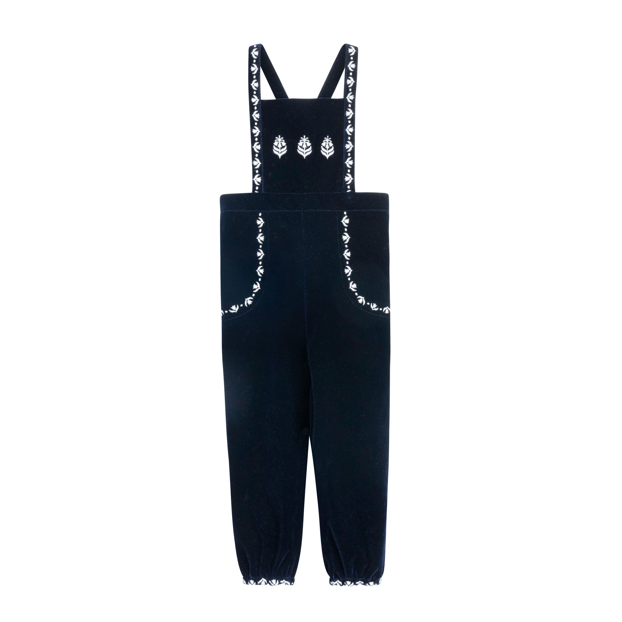 Velour Embroidered Trim Overalls- Navy