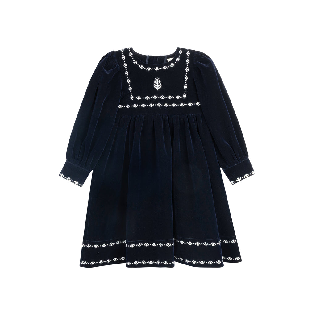 Velour Embroidered Trim Dress - Navy