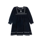 Velour Embroidered Trim Dress - Navy