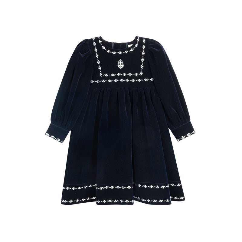 Velour Embroidered Trim Dress - Navy