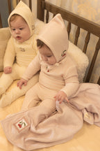 Pre-Order Cotton Striped Embroidered Horse Footie & Bonnet- Cream Beige