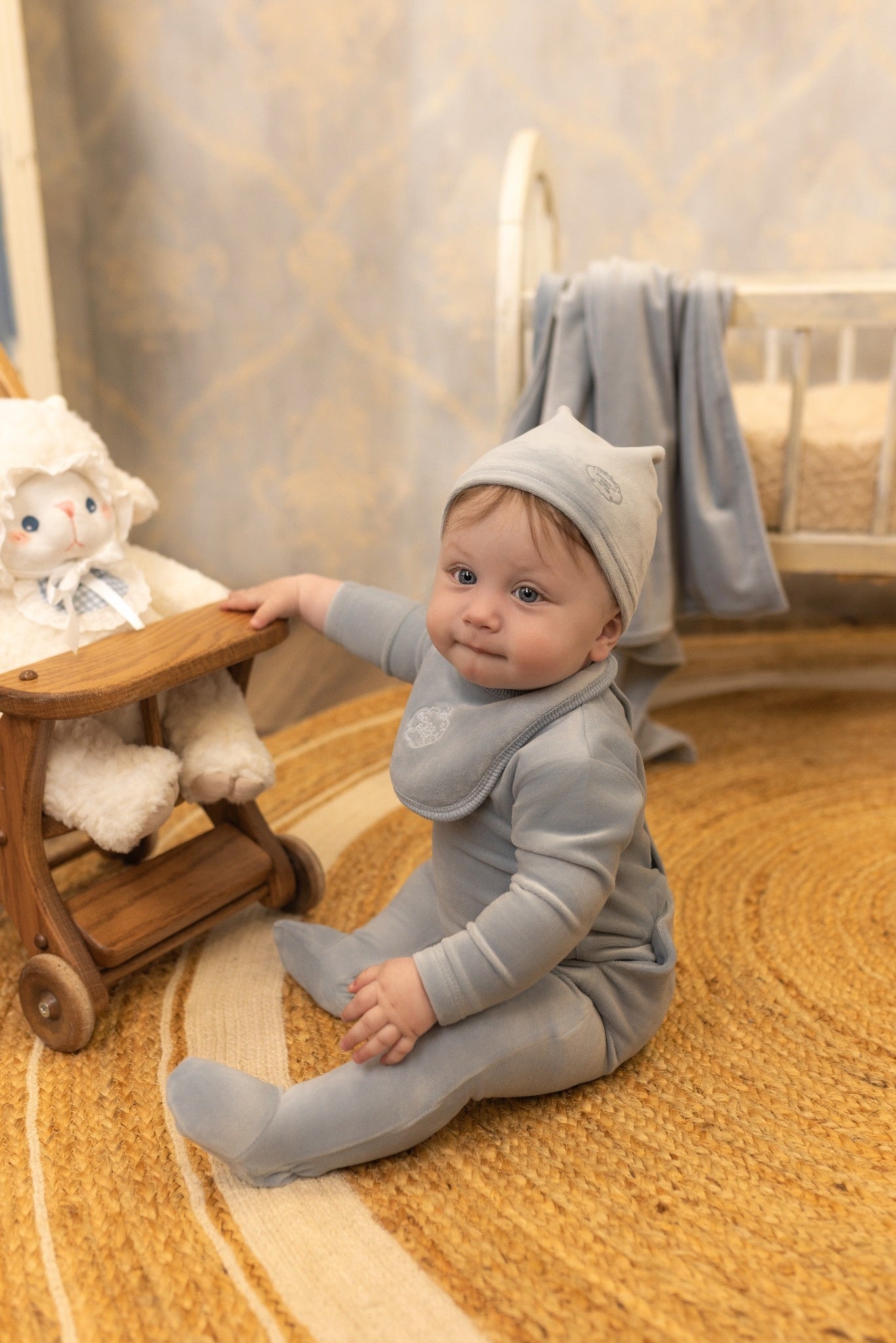 Velour Embossed Bib - Baby Blue