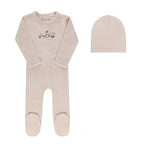 Velour Embroidered ABC Footie & Beanie - Tan