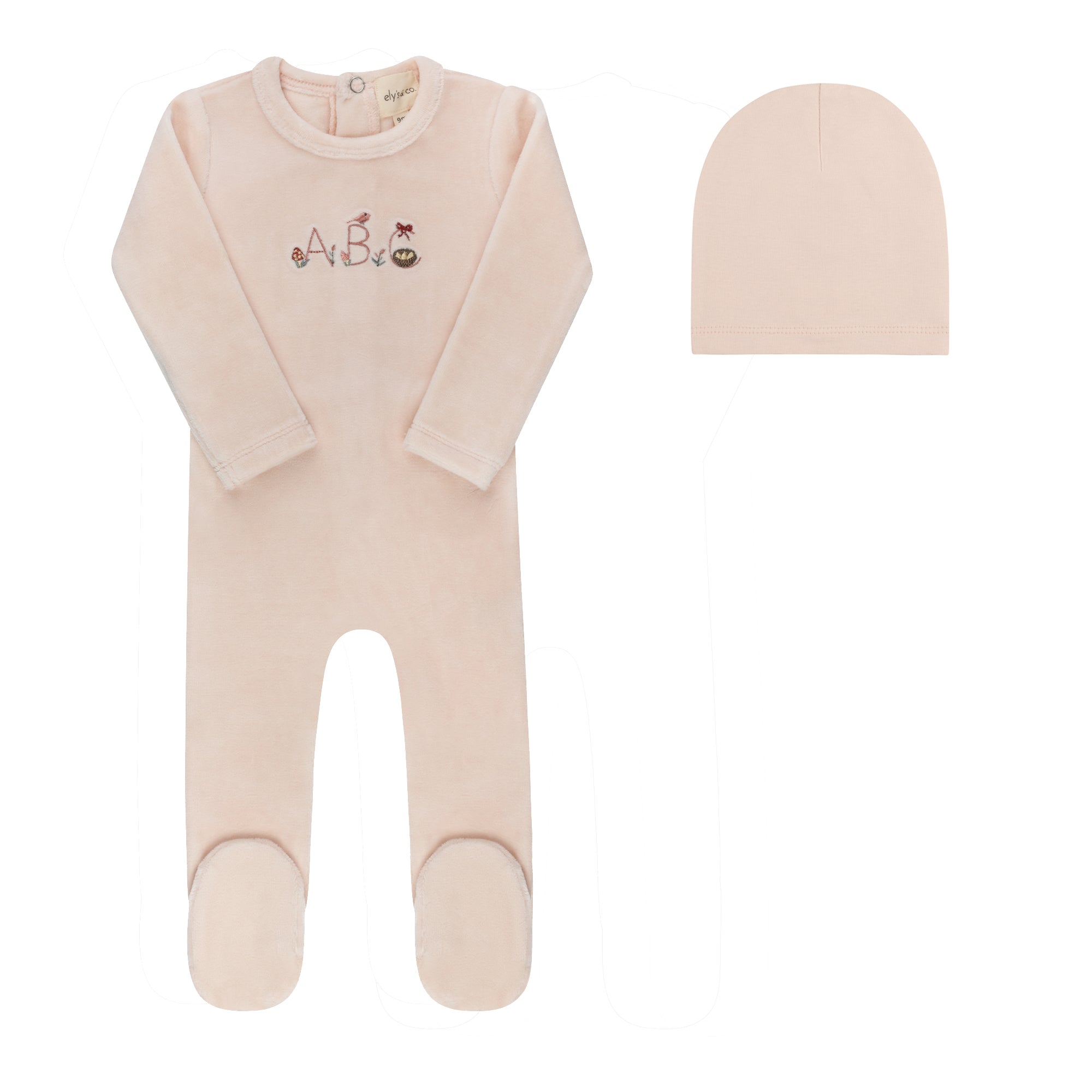 Velour Embroidered ABC Footie & Beanie - Pink