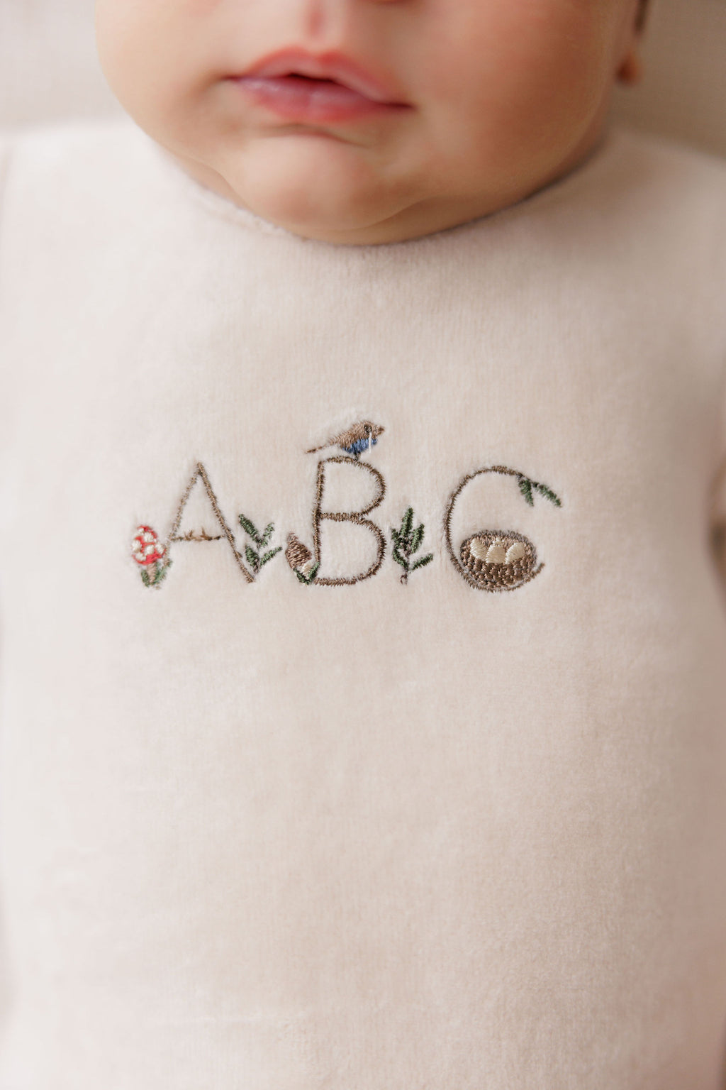 Velour Embroidered ABC Footie & Beanie - Tan