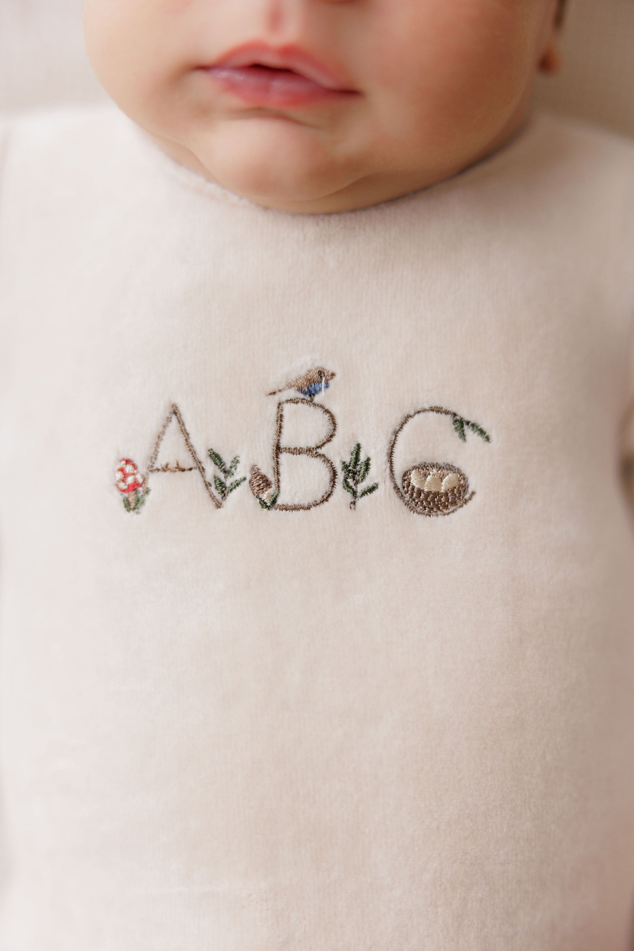 Velour Embroidered ABC Footie & Beanie - Tan