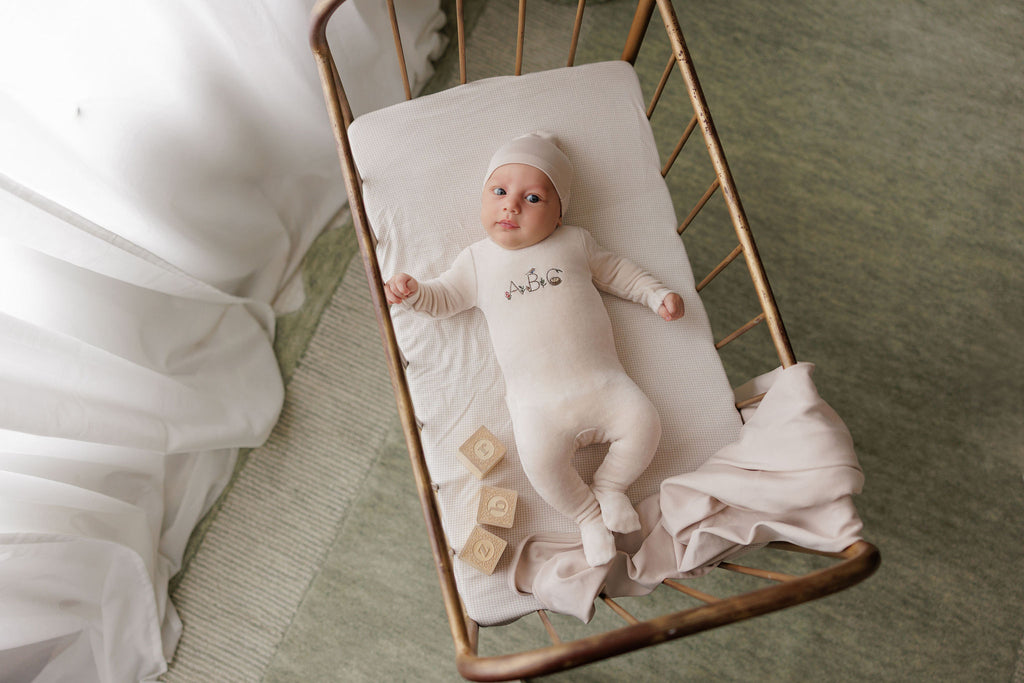 Velour Embroidered ABC Footie & Beanie - Tan