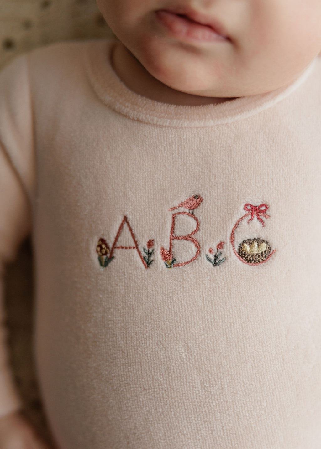 Velour Embroidered ABC Footie - Pink