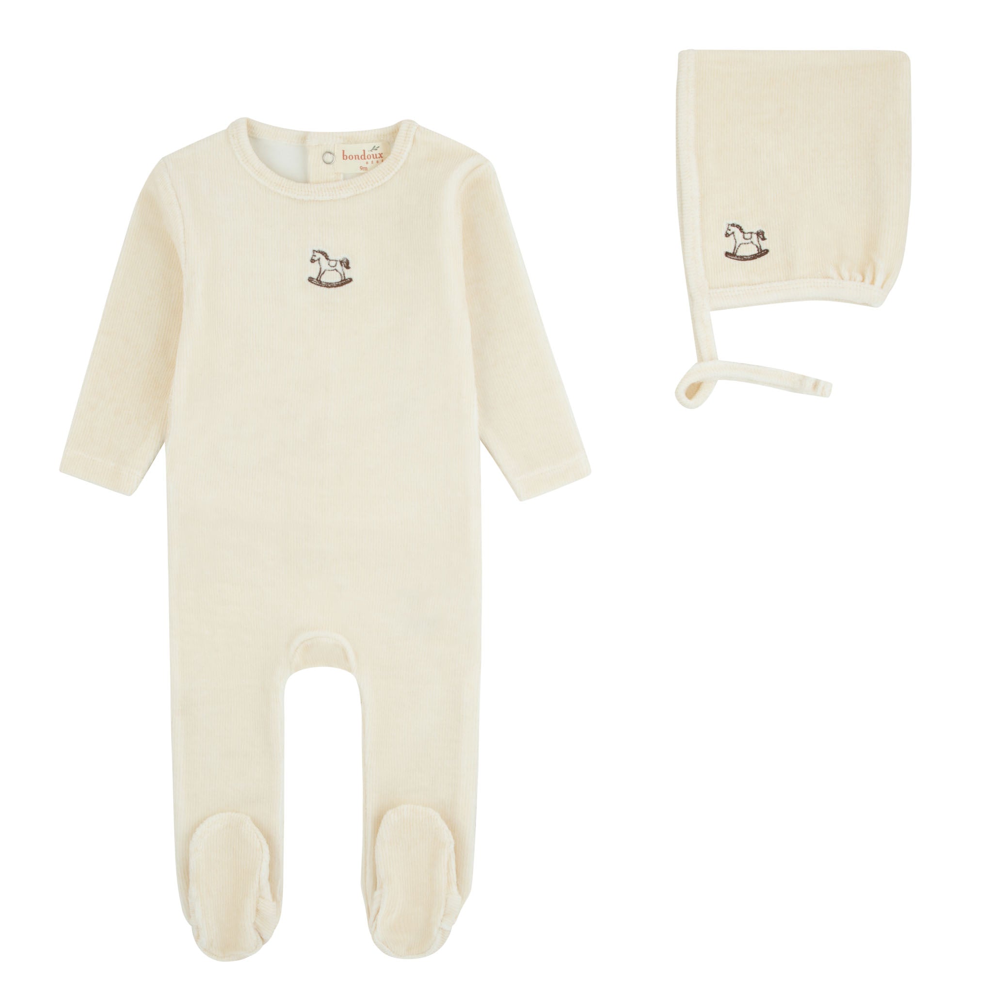 Pre-Order Cotton Striped Embroidered Horse Footie & Bonnet- Cream Beige