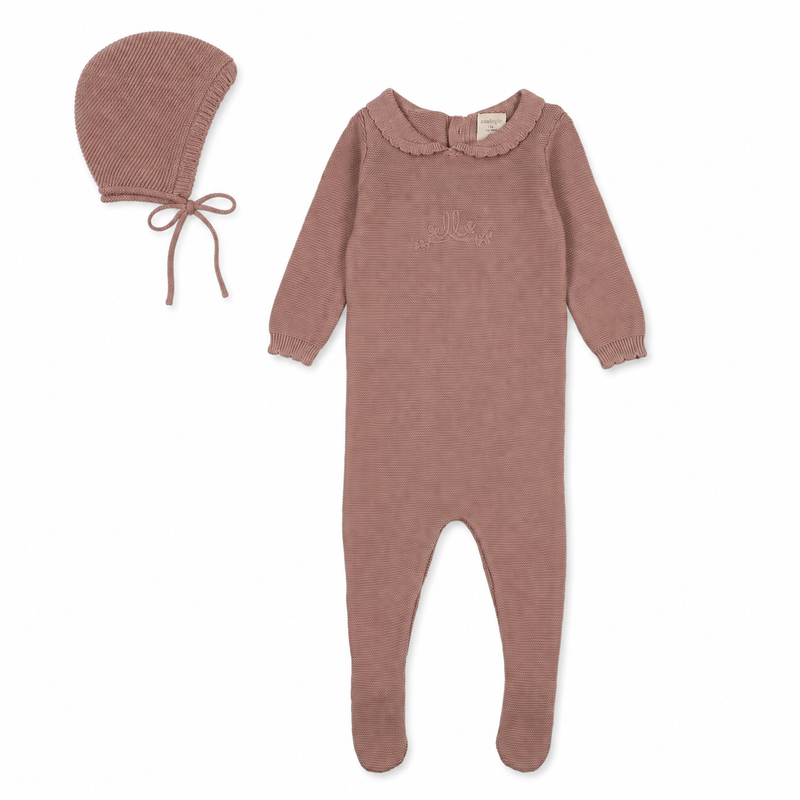 Knit Embroidered Footie Set - Dried Rose
