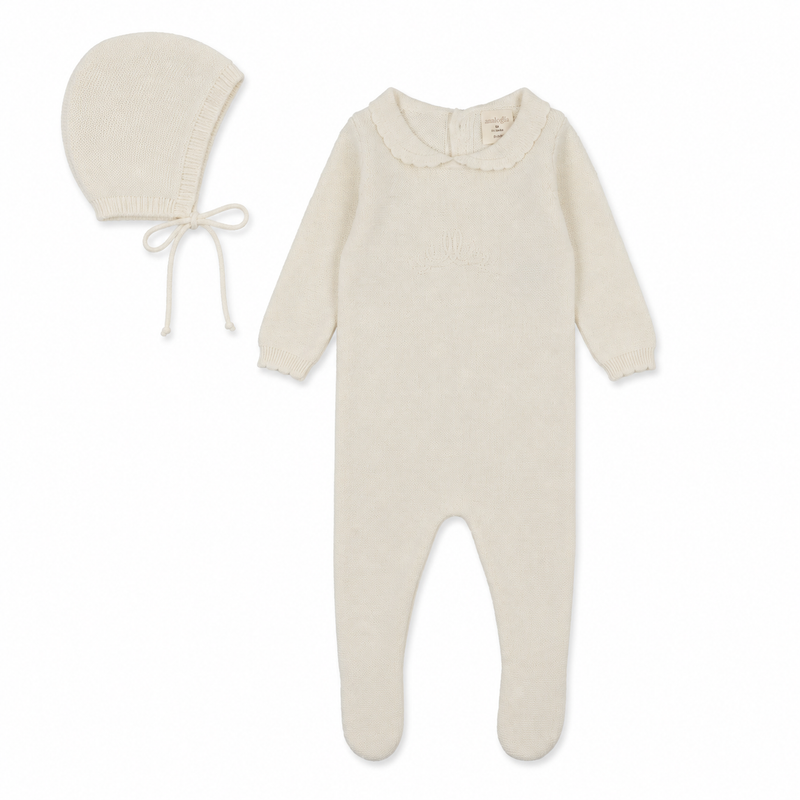 Knit Embroidered Footie Set - Cream