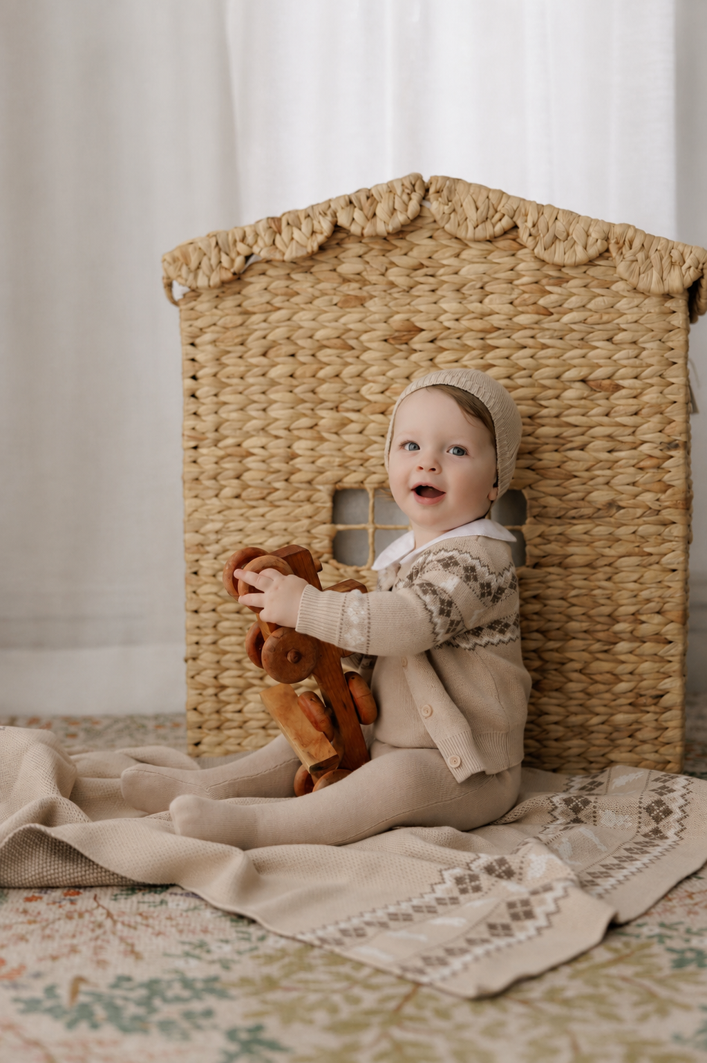 Fair Isle Baby Cardigan & Beanie- Tan