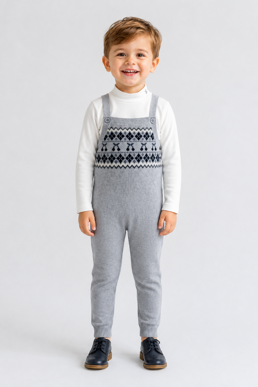 Fair Isle Knit Overalls - Grey Blue