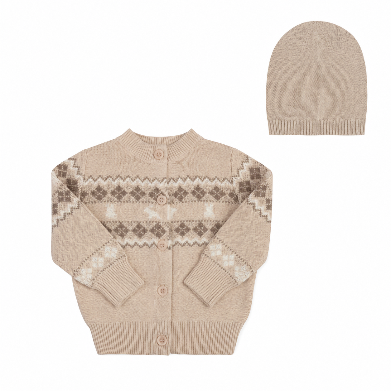 Fair Isle Baby Cardigan & Beanie- Tan