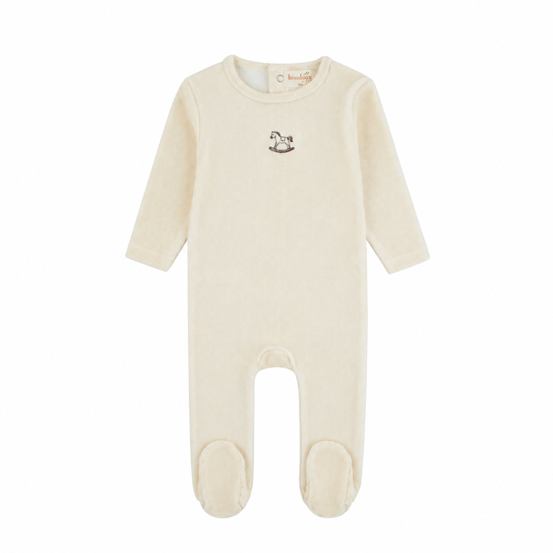 Pre-Order Cotton Striped Embroidered Horse Footie - Cream Beige