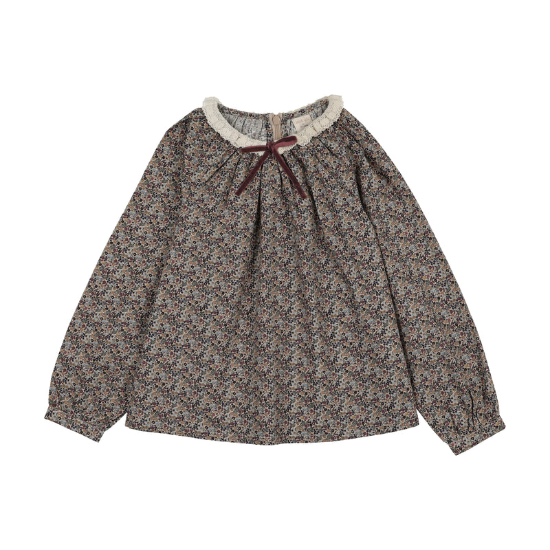 Home Garden Lace Trim Collared Blouse - Oxford Tan Print