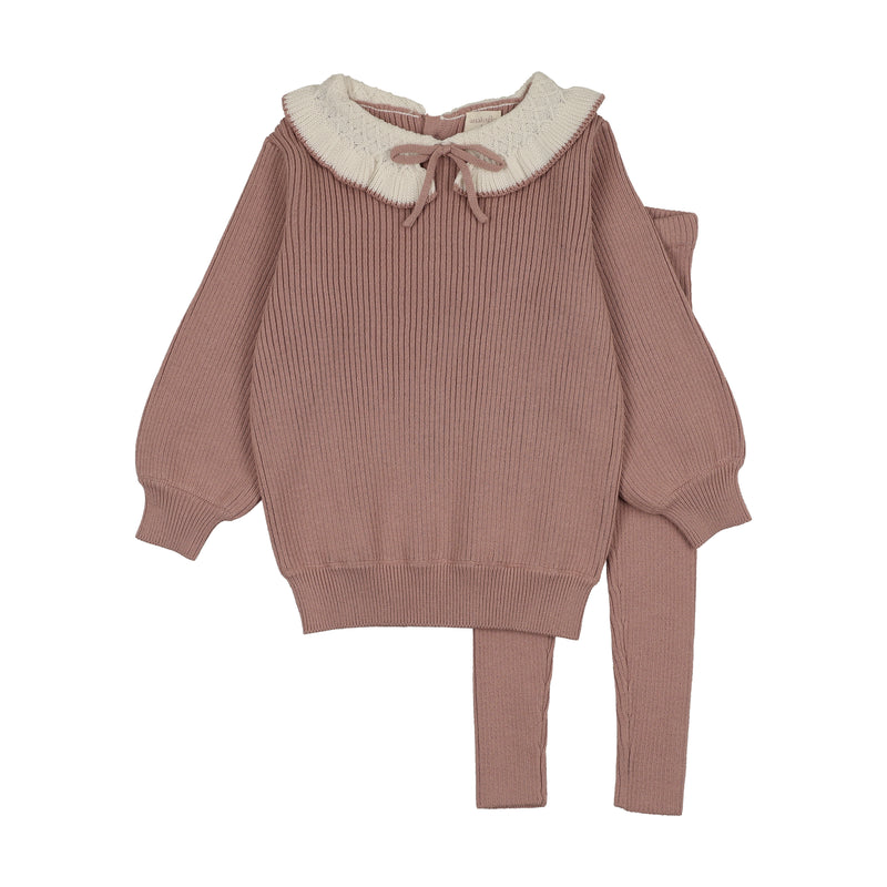 Ruffle Collar Knit Toddler Set - Dried Rose
