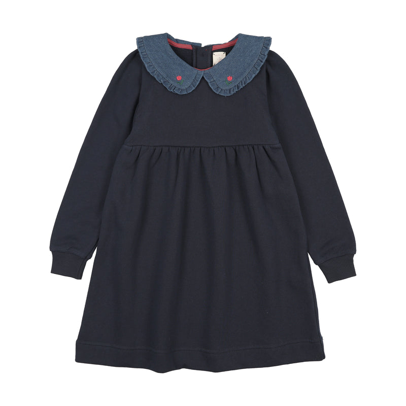 Sweet Campaign Denim Collar Sweatshirt Dress - Navy
