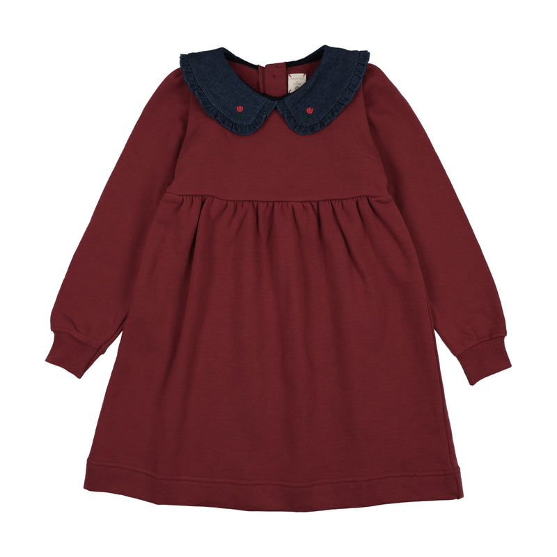 Sweet Campaign Denim Collar Sweatshirt Dress - Vintage Red