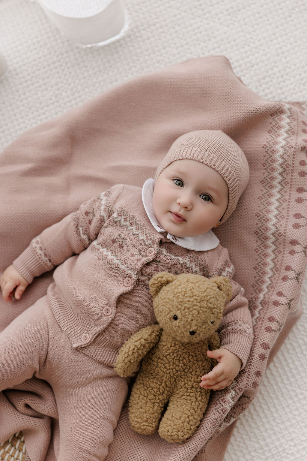 Fair Isle Baby Cardigan & Beanie - Pink