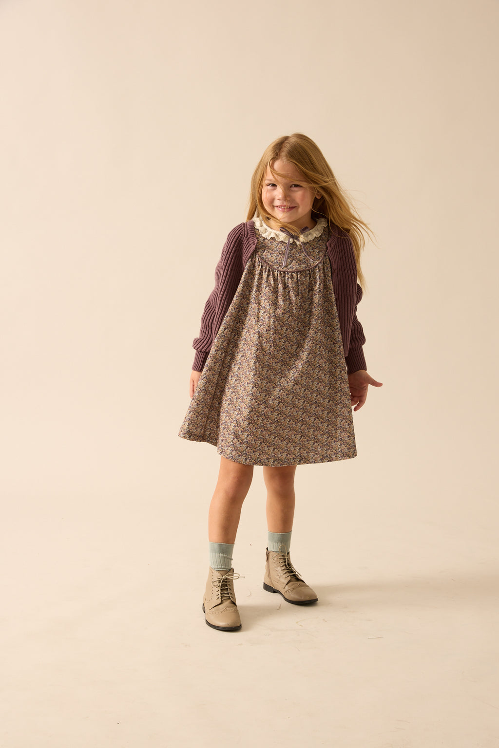 Pre-Order Home Garden Laced Trimmed Dress - Oxford Tan Print