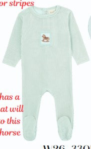 Cotton Striped Embroidered Horse Footie - Cream Beige