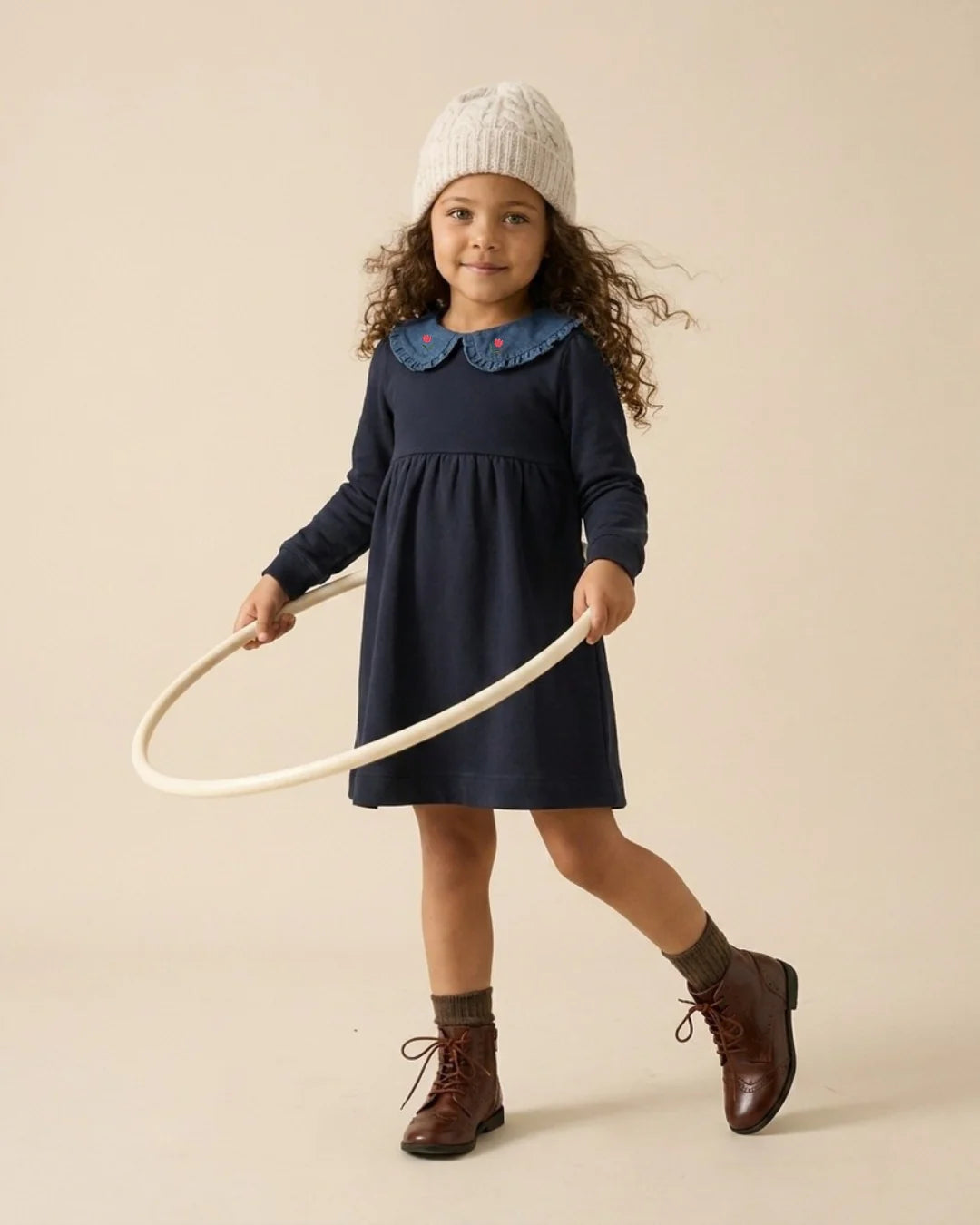 Sweet Campaign Denim Collar Sweatshirt Dress - Navy